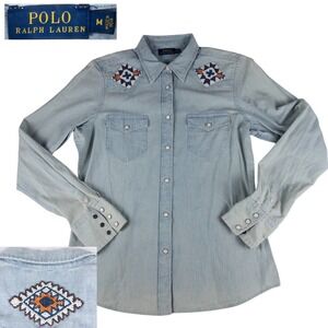 Polo Ralph Lauren Western Snap Shirt Medium Blue Beaded Denim Chambray Southwest